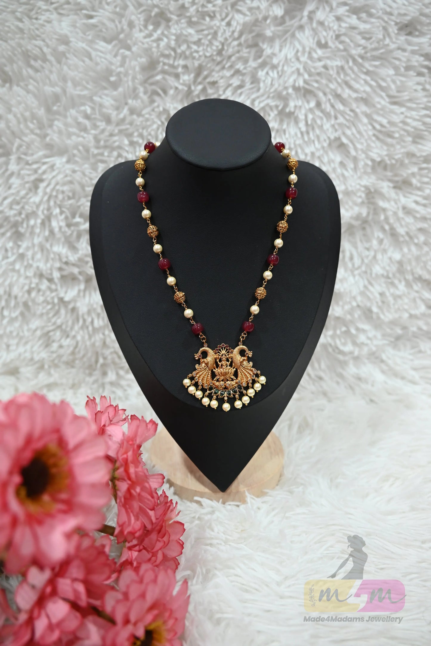 Maroon & Pearl Temple short Necklace Made4Madams