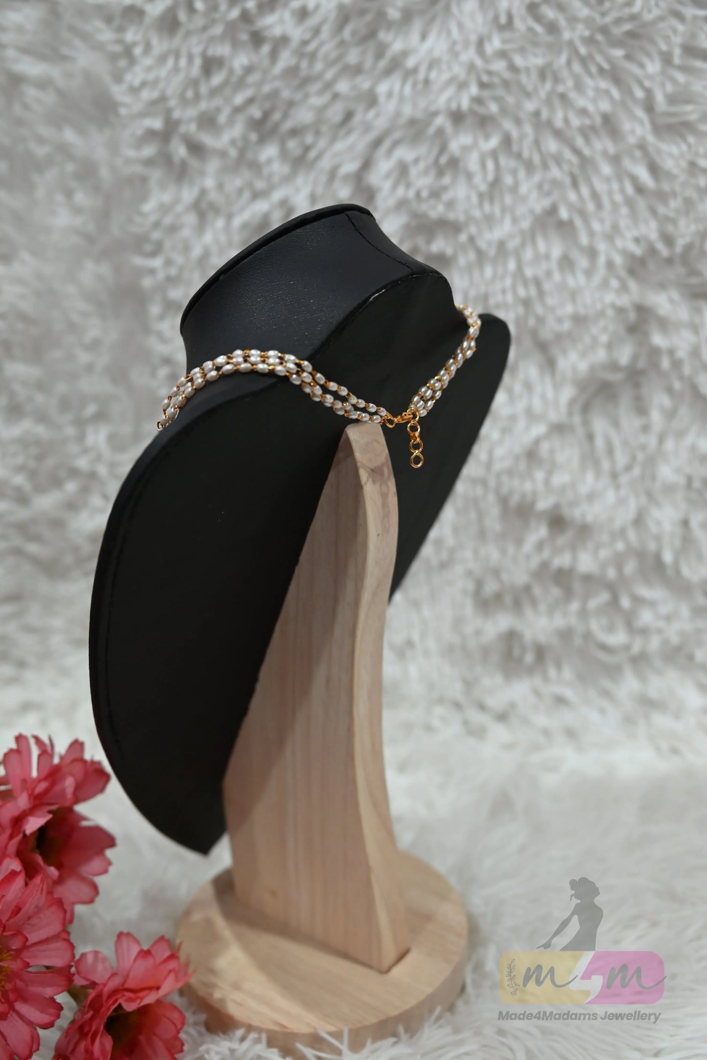 Double-Strand white rice Beads short Necklace with Crystal Pendant Made4Madams