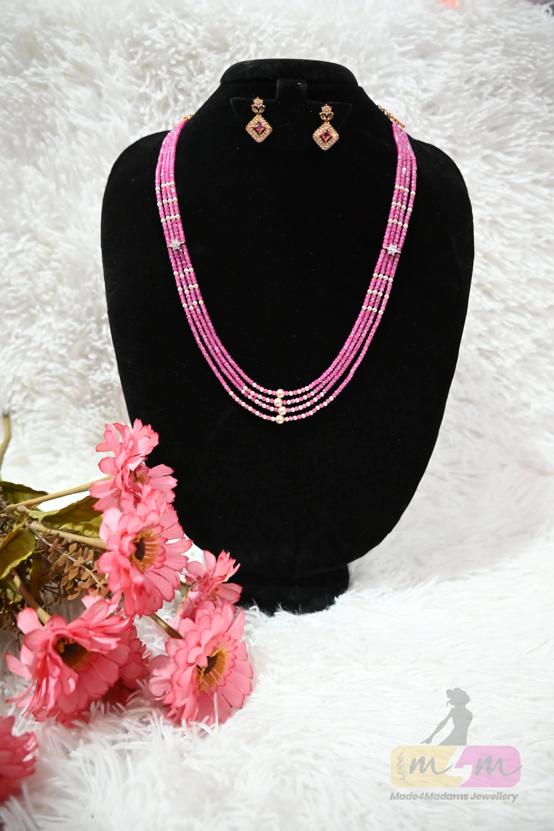 Layered Swarovski & CZ Beaded Haram necklace with Earrings Made4Madams
