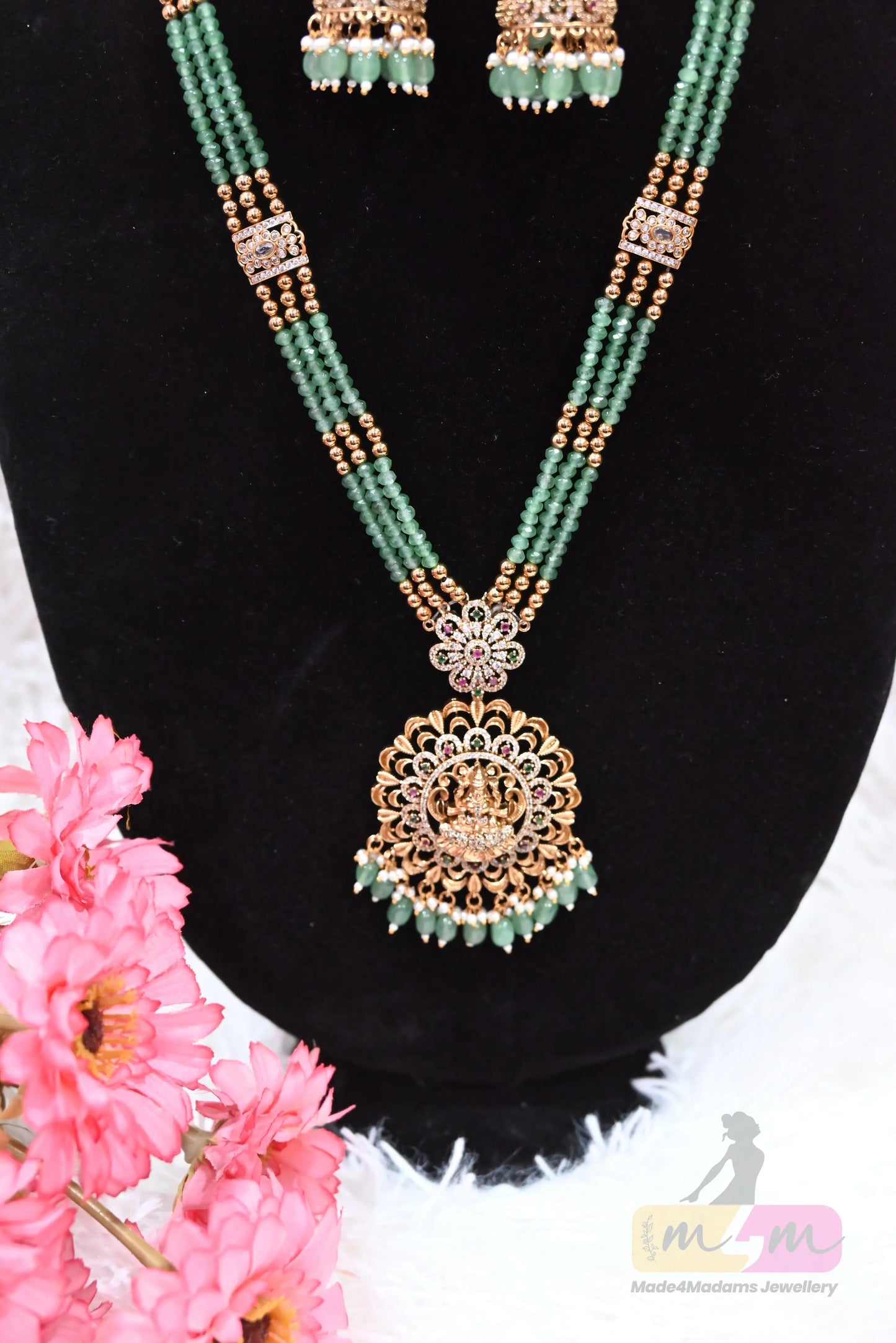 Green Bead Temple Necklace Set with Jhumka Earrings Made4Madams