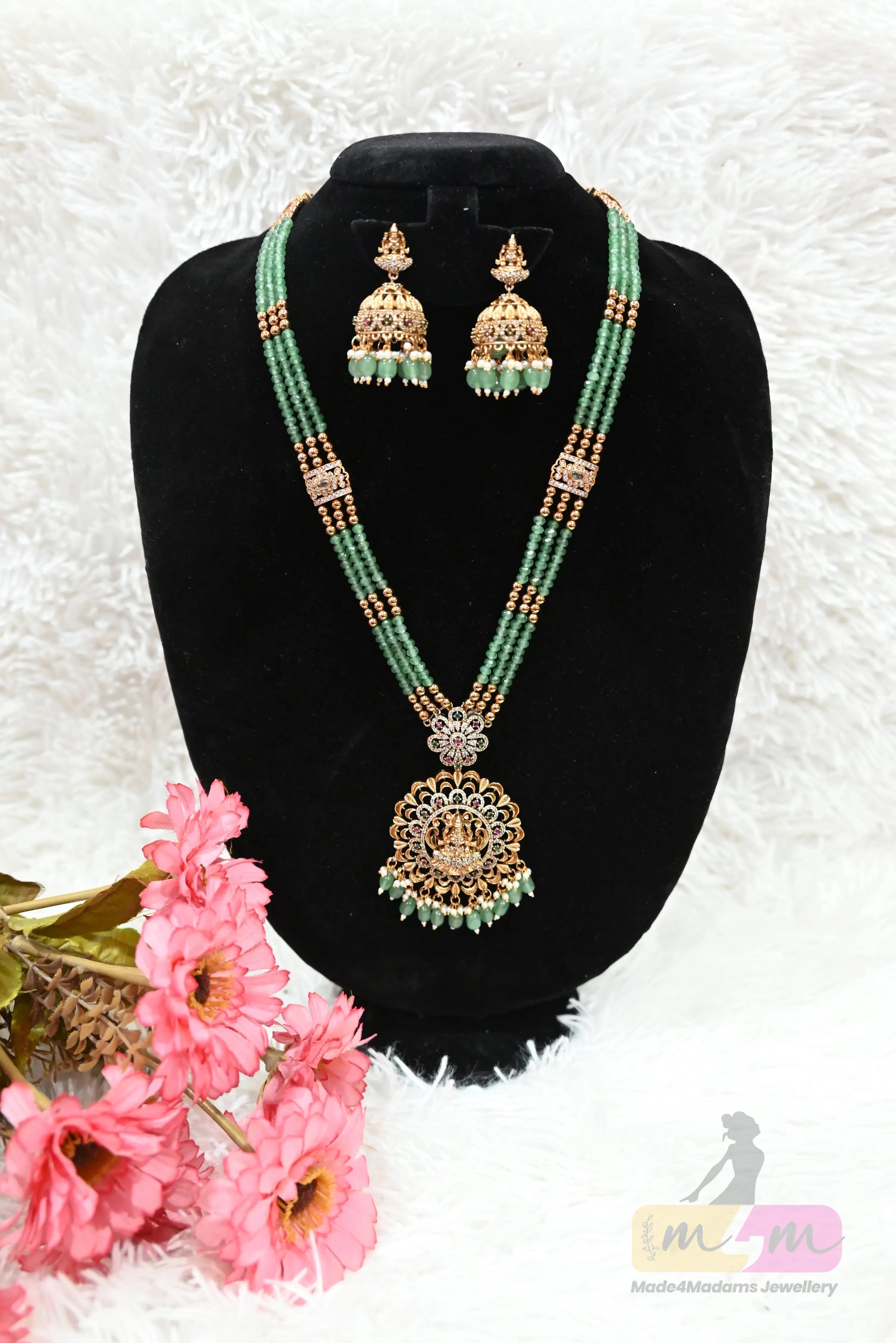 Green Bead Temple Necklace Set with Jhumka Earrings Made4Madams