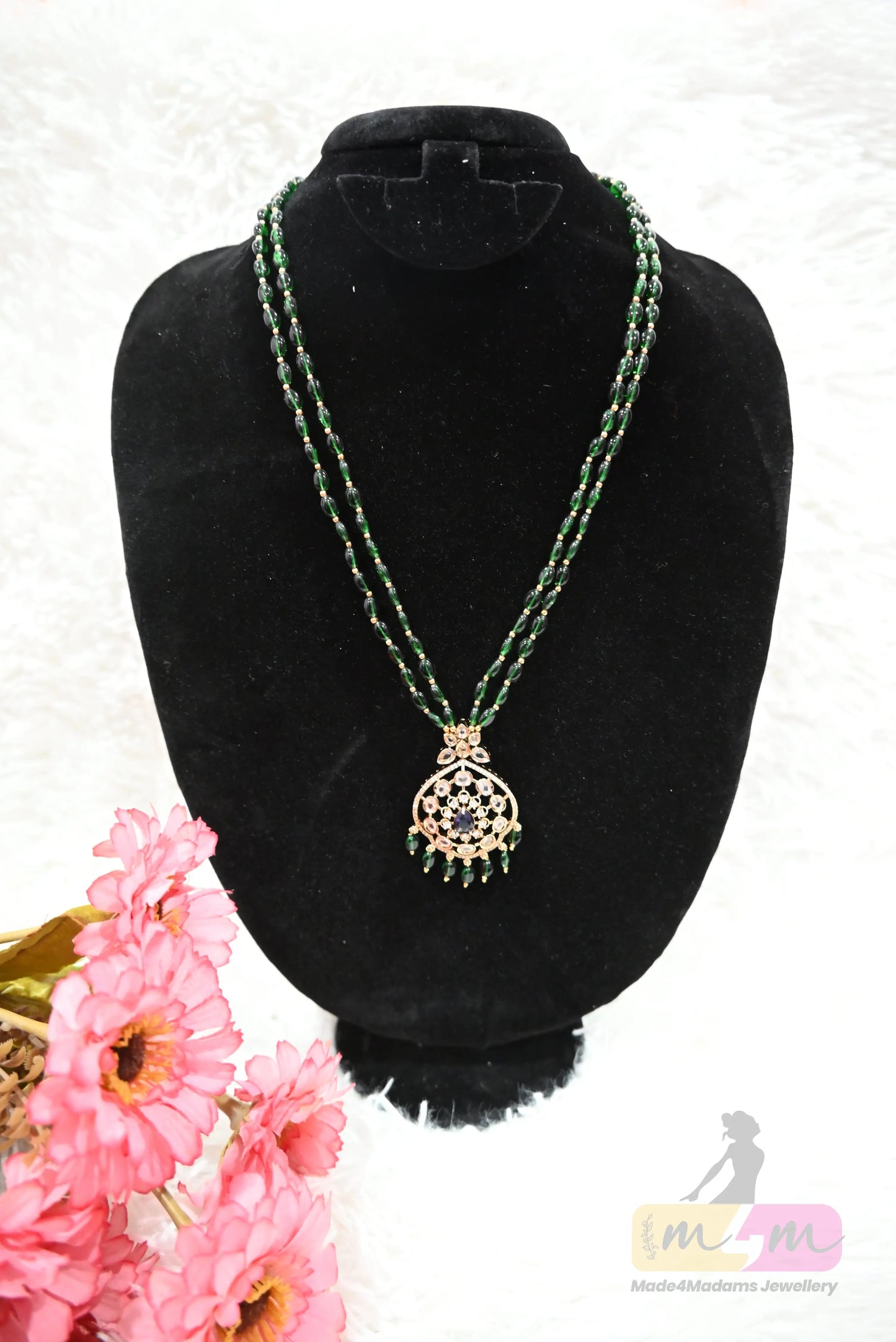 Emerald Green Bead Necklace with Designer Pendant Made4Madams