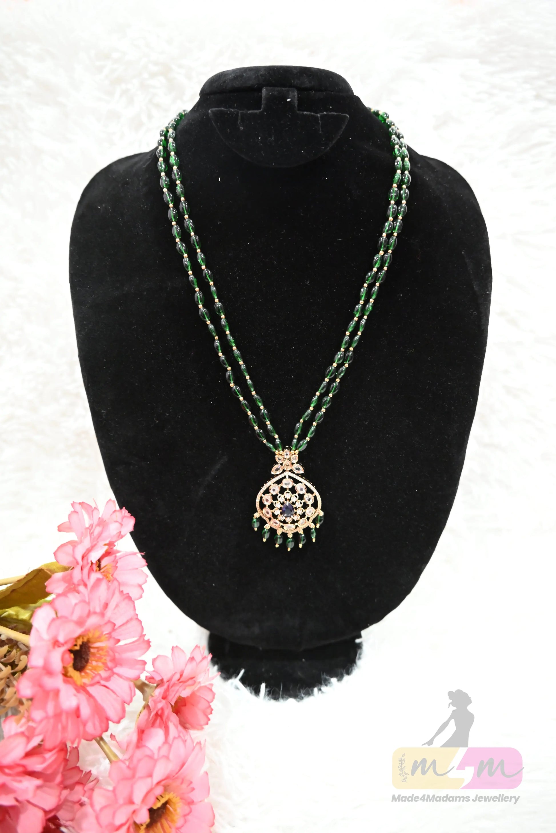 Emerald Green Bead Necklace with Designer Pendant Made4Madams
