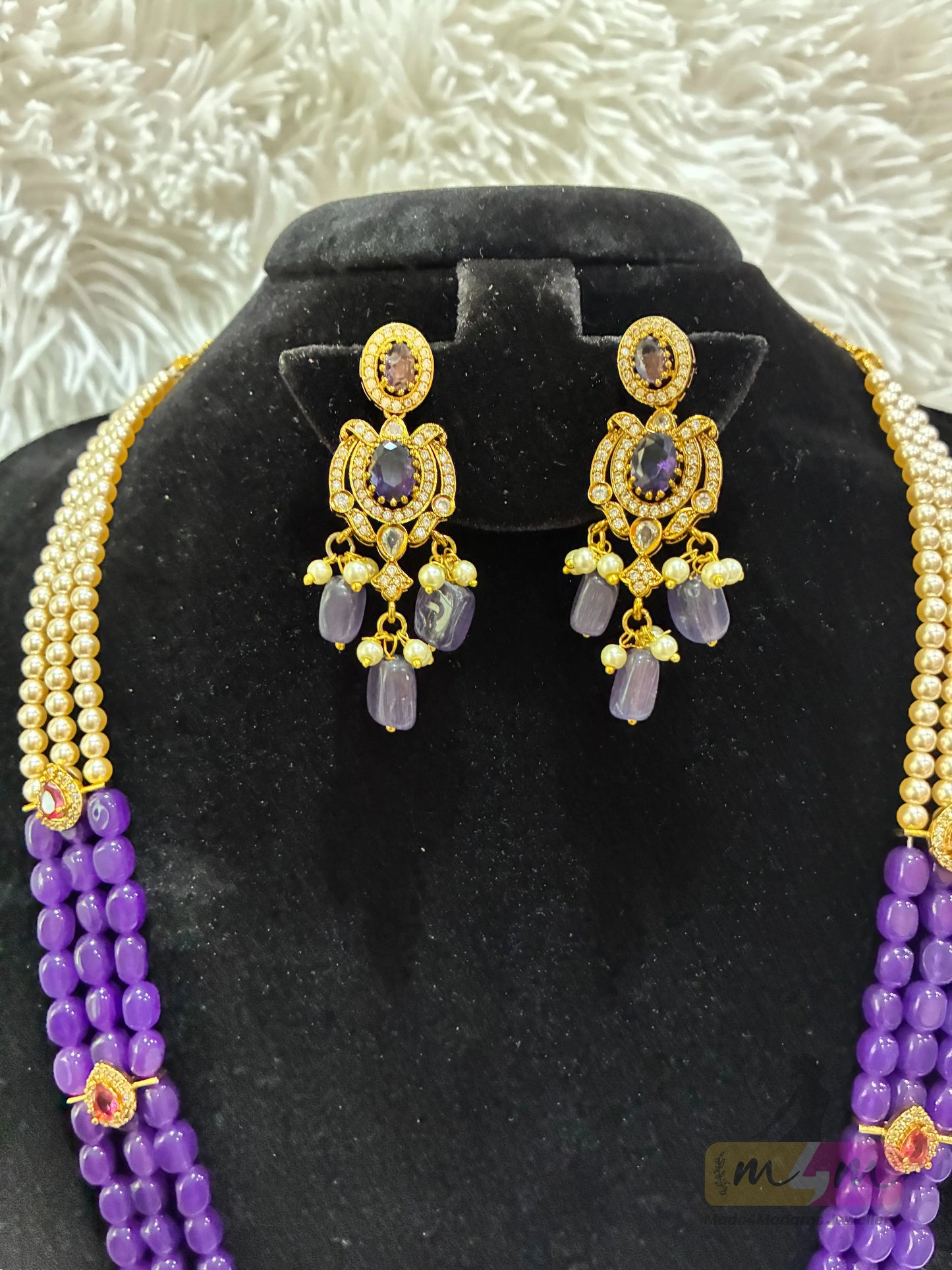 Purple Bead & Swarovski Pearl 3-Strand Necklace Set with Designer Earrings Made4Madams