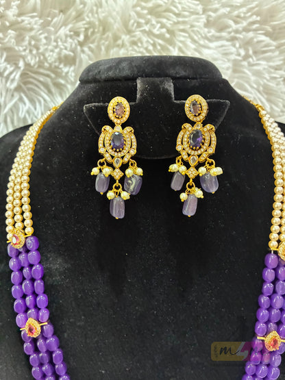 Purple Bead & Swarovski Pearl 3-Strand Necklace Set with Designer Earrings Made4Madams