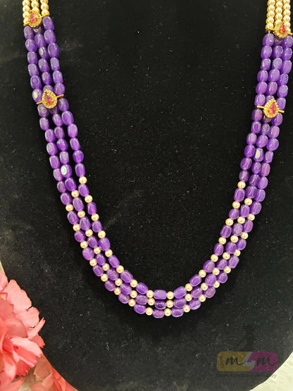 Purple Bead & Swarovski Pearl 3-Strand Necklace Set with Designer Earrings Made4Madams
