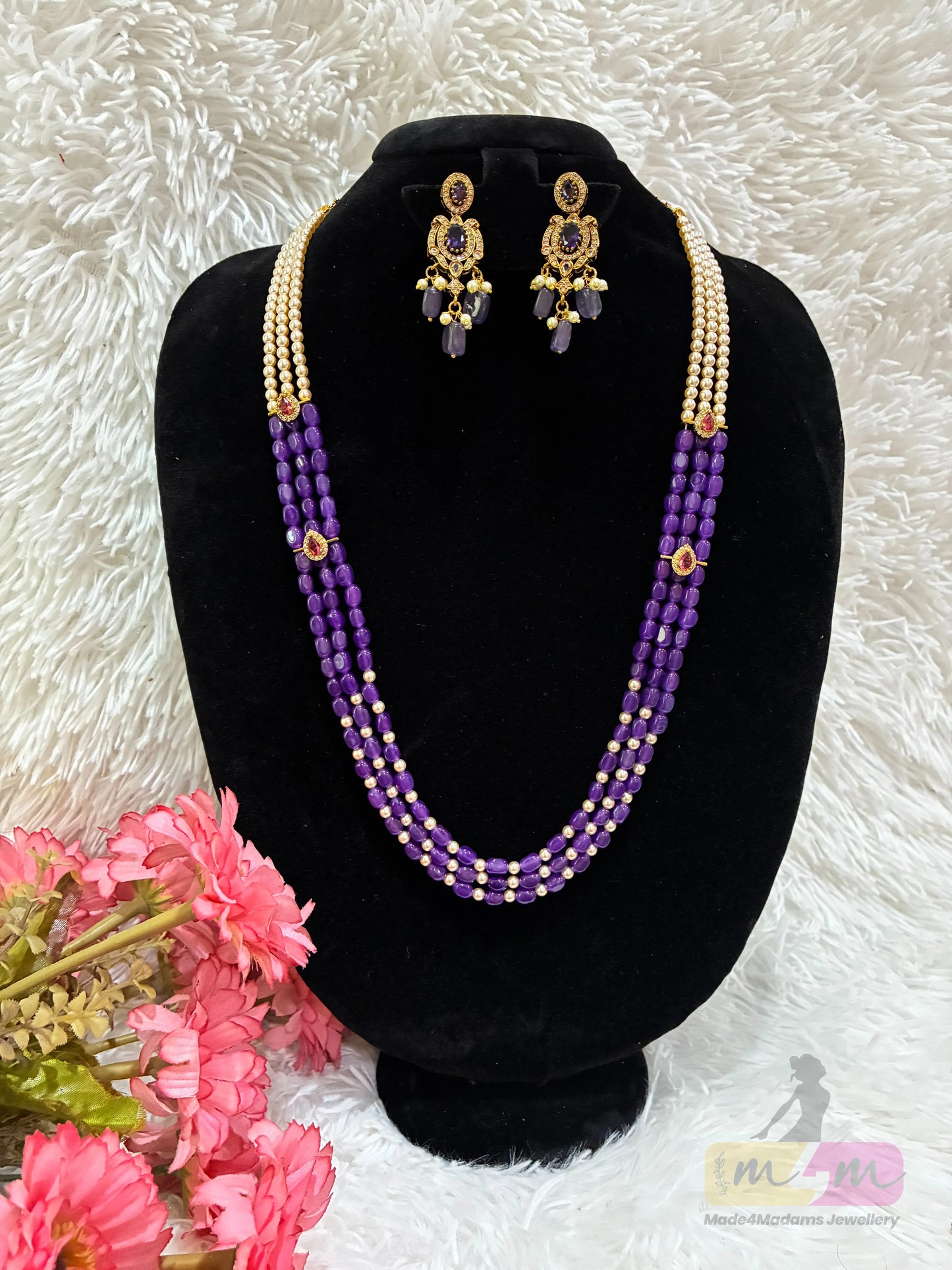 Purple Bead & Swarovski Pearl 3-Strand Necklace Set with Designer Earrings Made4Madams