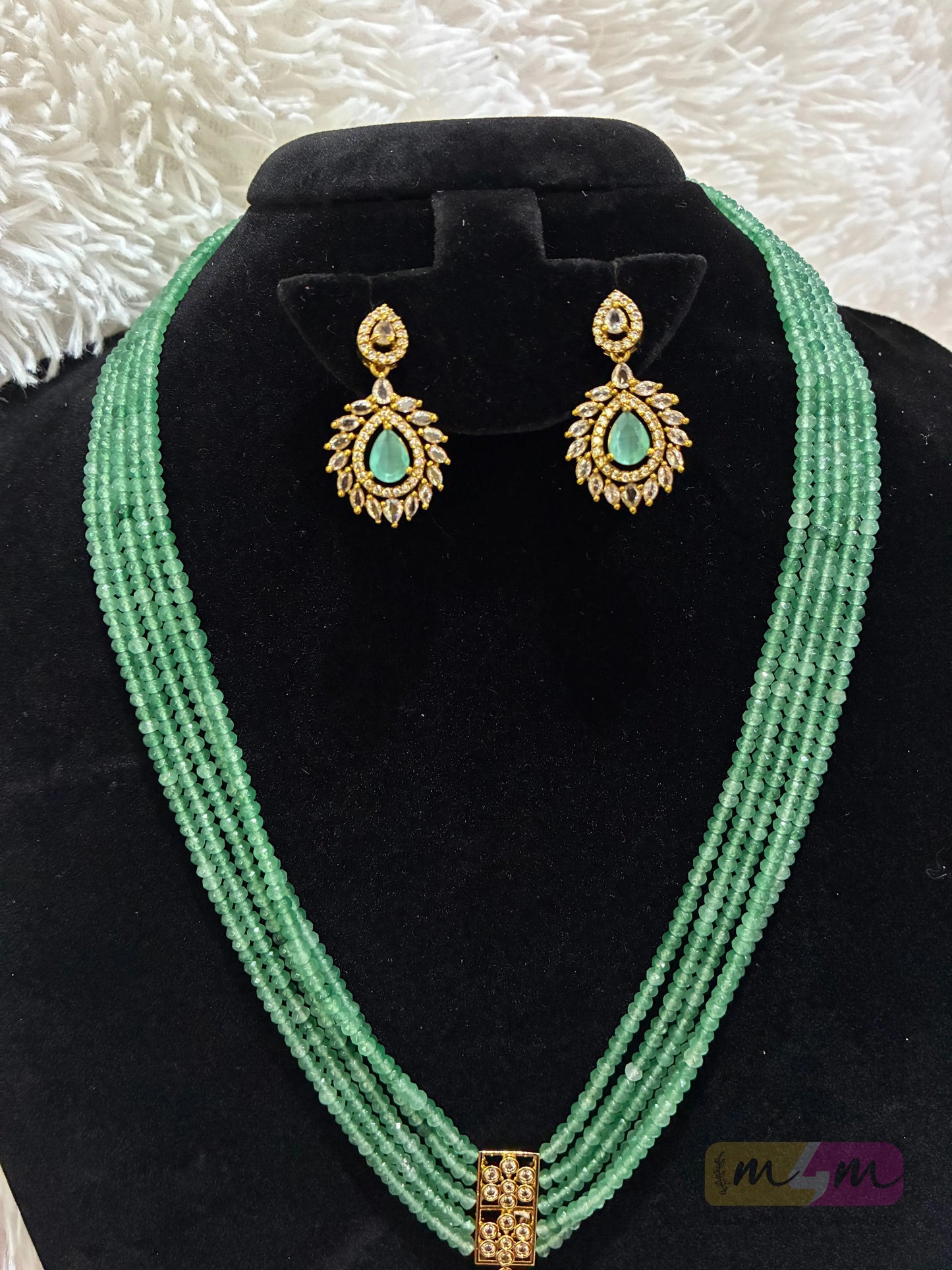 Multi-Strand Beaded Necklace Set with Kundan Pendant & Earrings Made4Madams