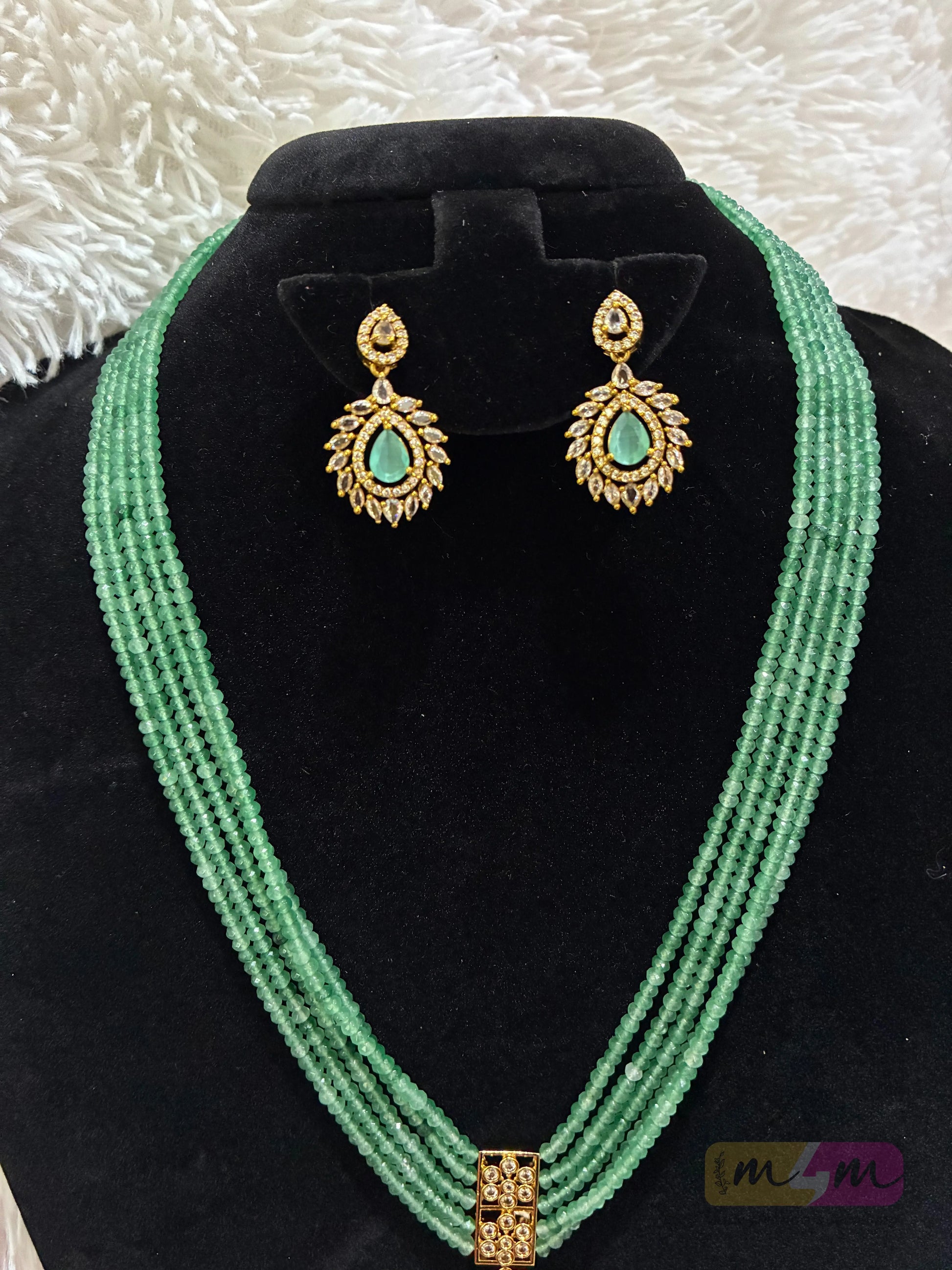 Multi-Strand Beaded Necklace Set with Kundan Pendant & Earrings Made4Madams