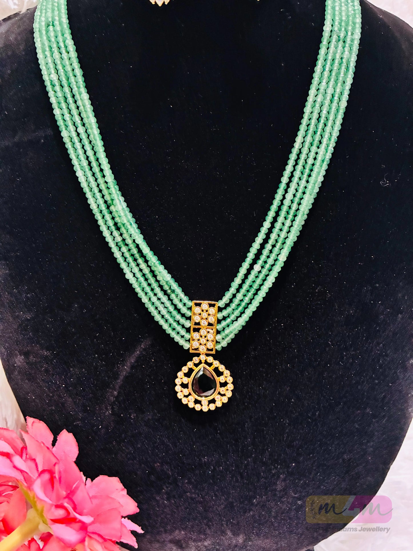 Multi-Strand Beaded Necklace Set with Kundan Pendant & Earrings Made4Madams