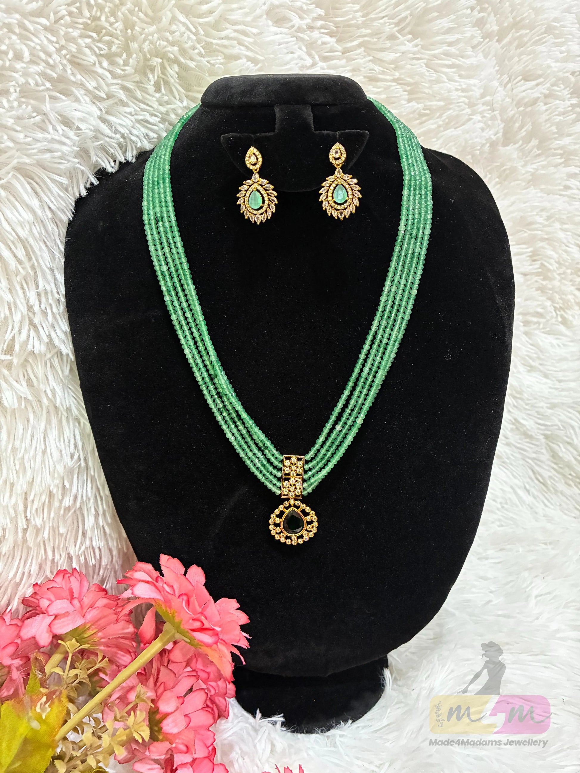 Multi-Strand Beaded Necklace Set with Kundan Pendant & Earrings Made4Madams