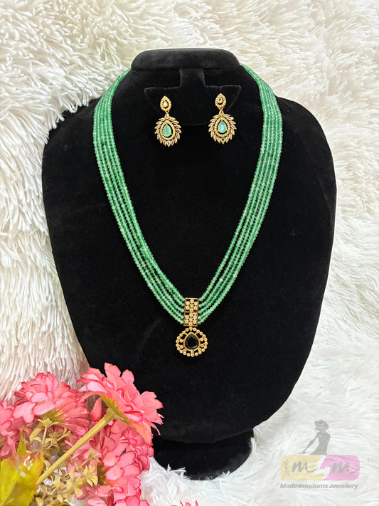 Multi-Strand Beaded Necklace Set with Kundan Pendant & Earrings Made4Madams