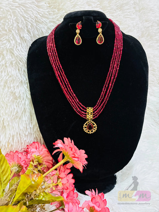 Multi-Strand Beaded Necklace Set with Kundan Pendant & Earrings Made4Madams