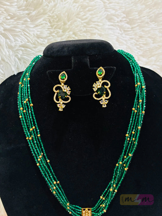 Emerald Green Multi-Strand Beaded Necklace Set with Kundan Pendant & Earrings Made4Madams