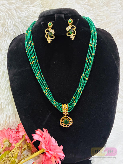 Emerald Green Multi-Strand Beaded Necklace Set with Kundan Pendant & Earrings Made4Madams