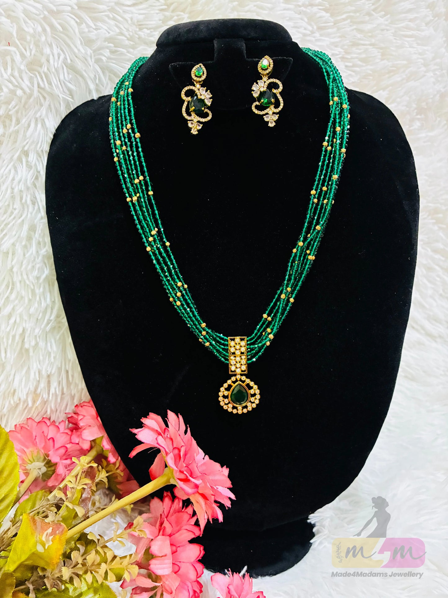 Emerald Green Multi-Strand Beaded Necklace Set with Kundan Pendant & Earrings Made4Madams