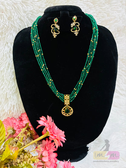 Emerald Green Multi-Strand Beaded Necklace Set with Kundan Pendant & Earrings Made4Madams