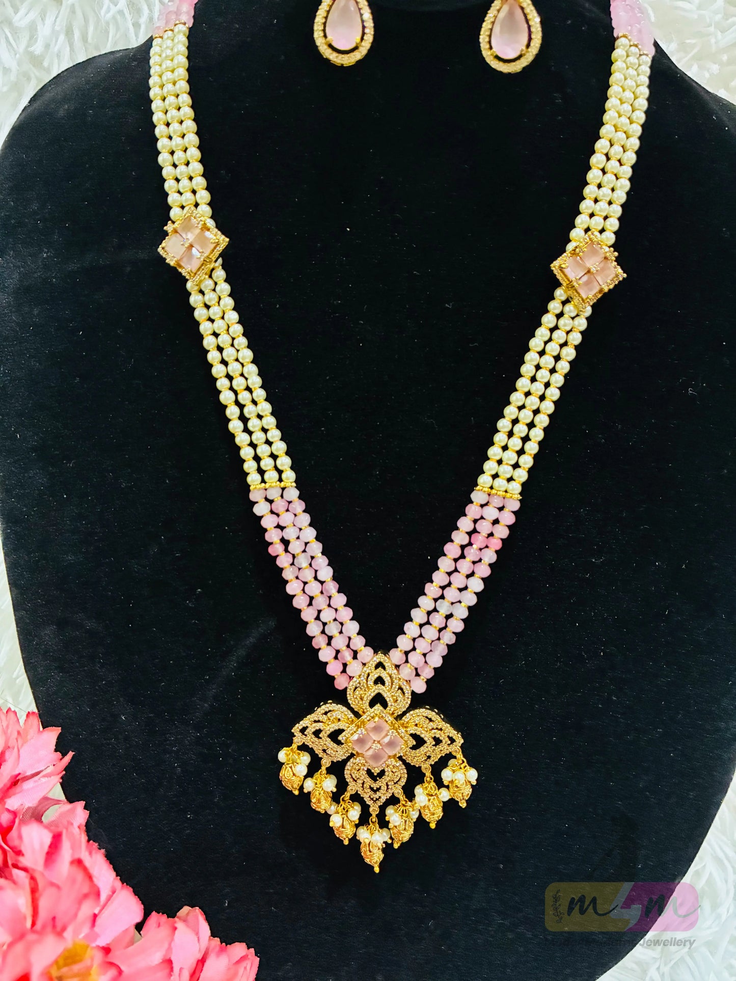 Pink & Pearl Beaded Necklace Set with Designer Pendant & Earrings Made4Madams