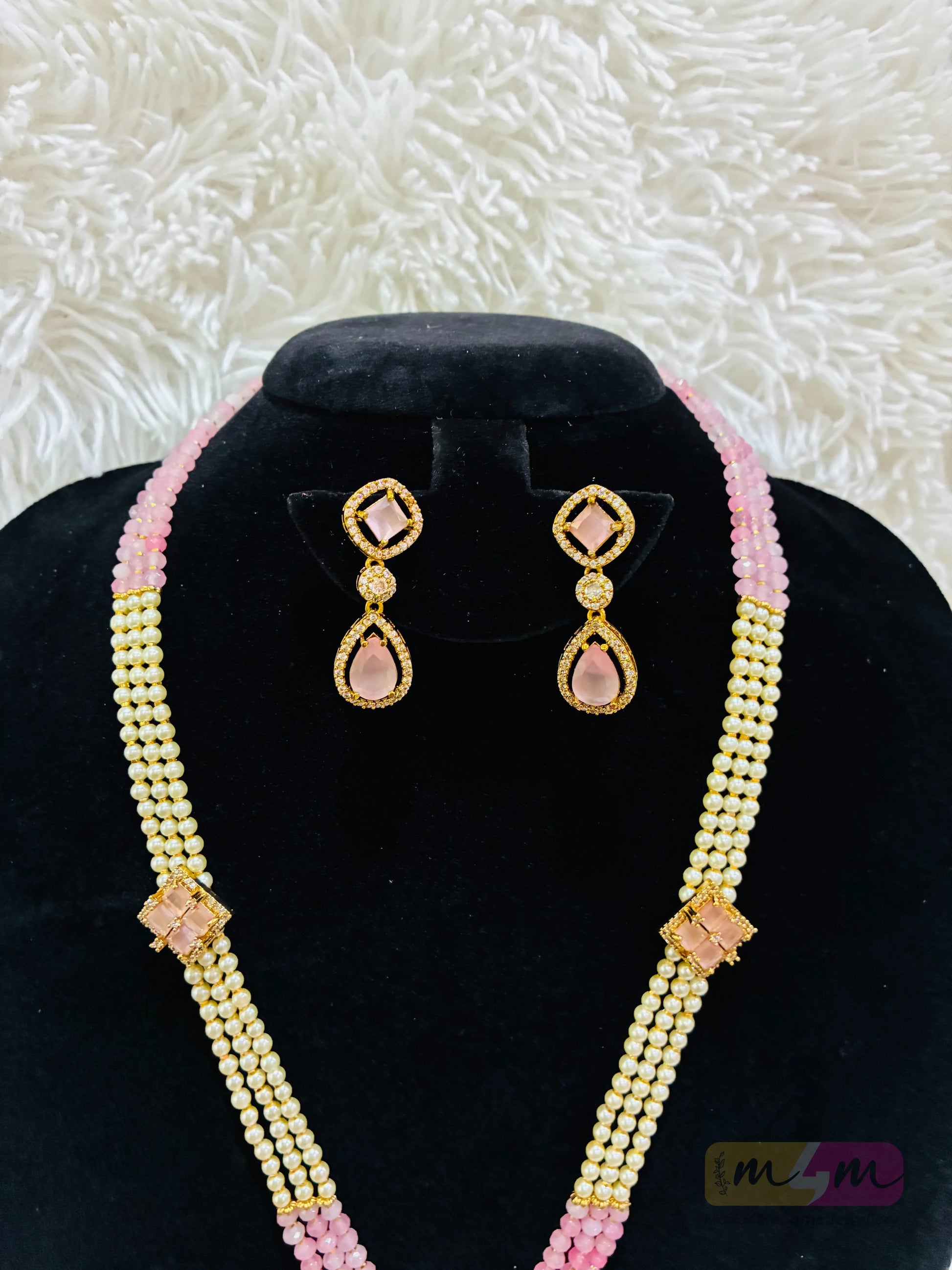 Pink & Pearl Beaded Necklace Set with Designer Pendant & Earrings Made4Madams