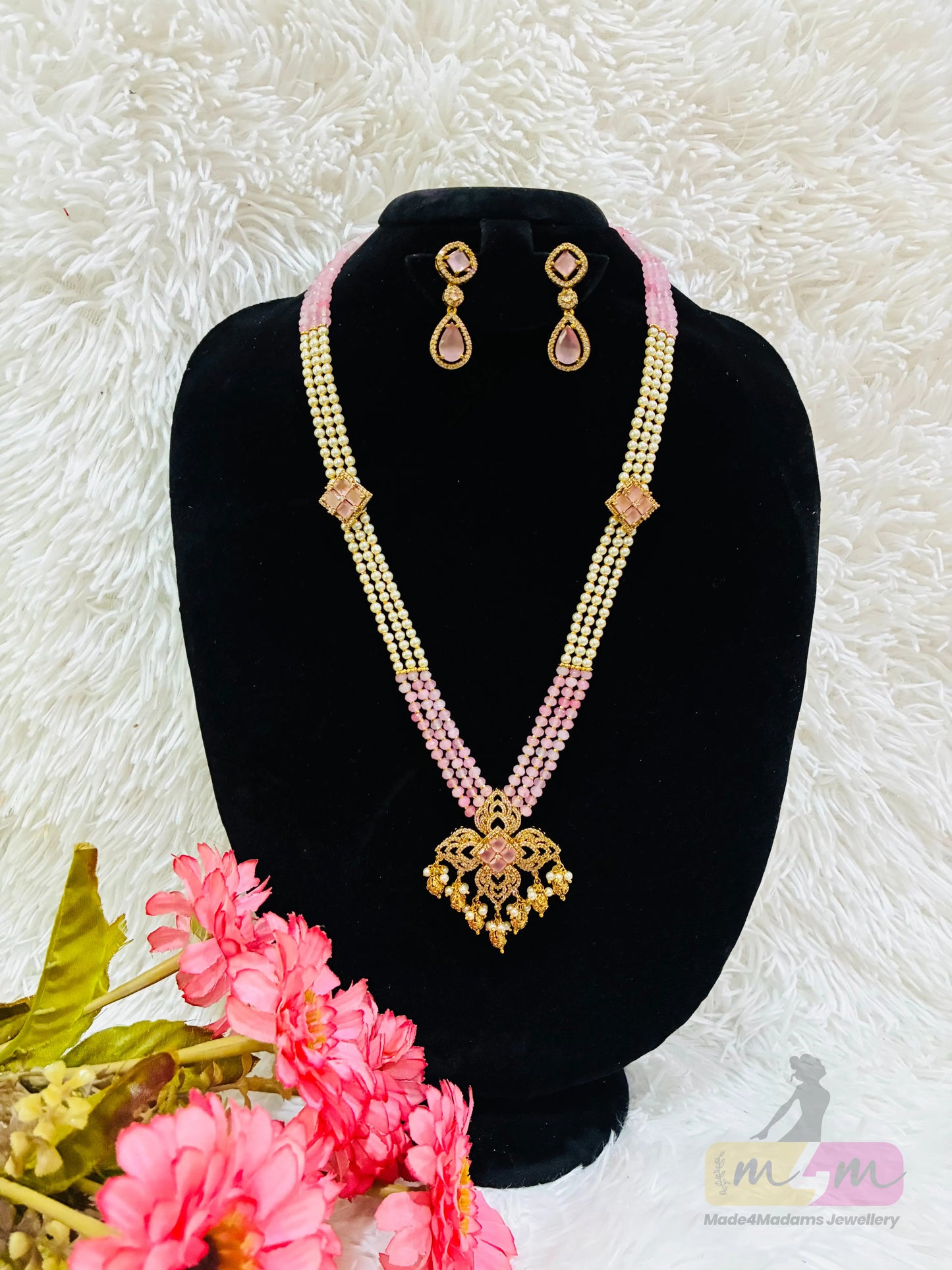 Pink & Pearl Beaded Necklace Set with Designer Pendant & Earrings Made4Madams