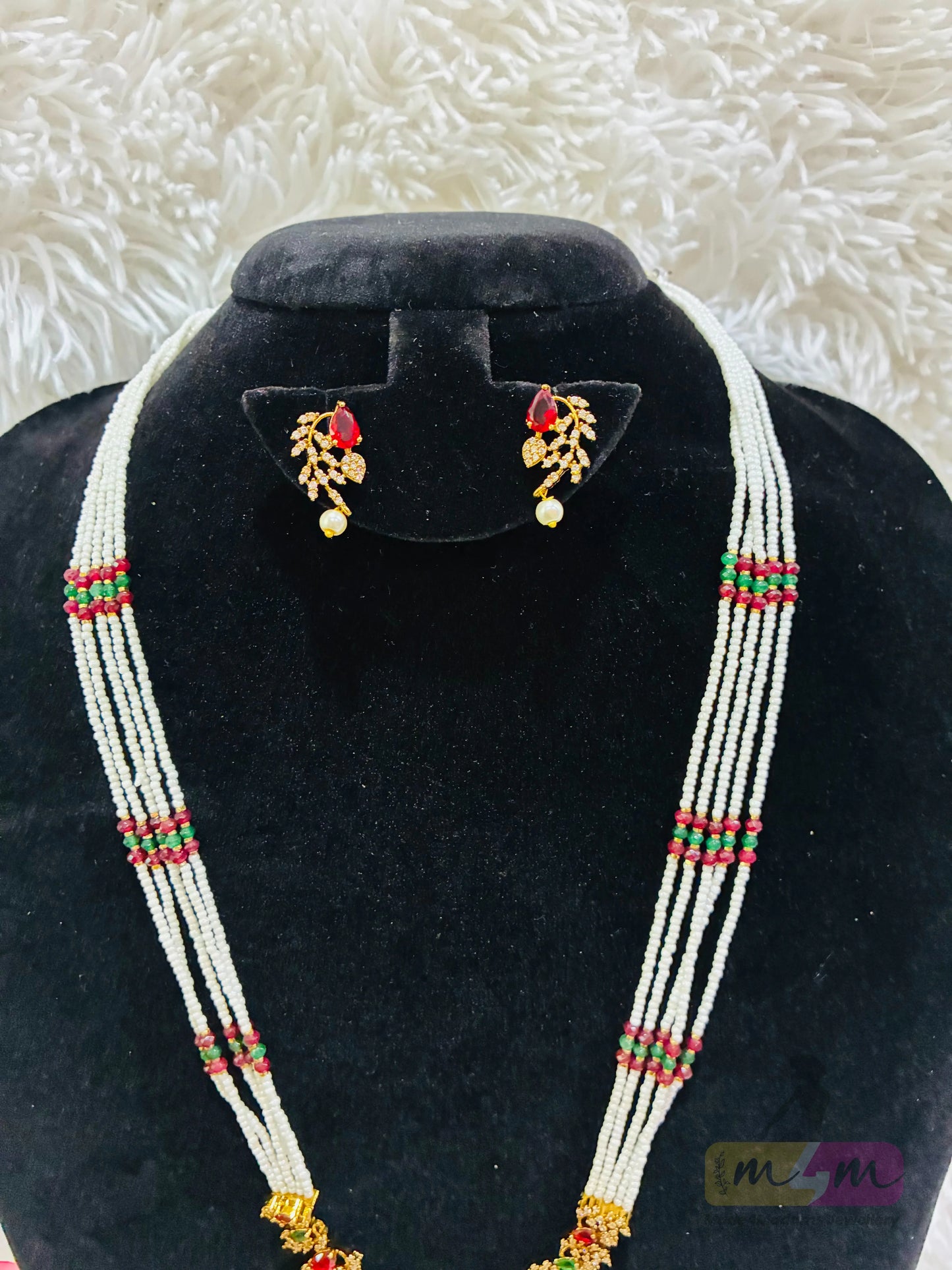 White Pearl Beaded Necklace Set with Red & Green Stone Detailing Made4Madams
