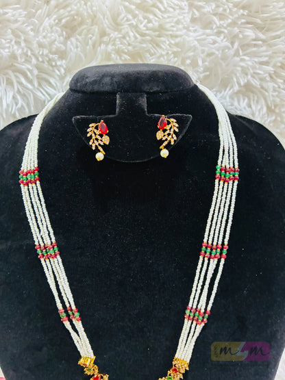 White Pearl Beaded Necklace Set with Red & Green Stone Detailing Made4Madams