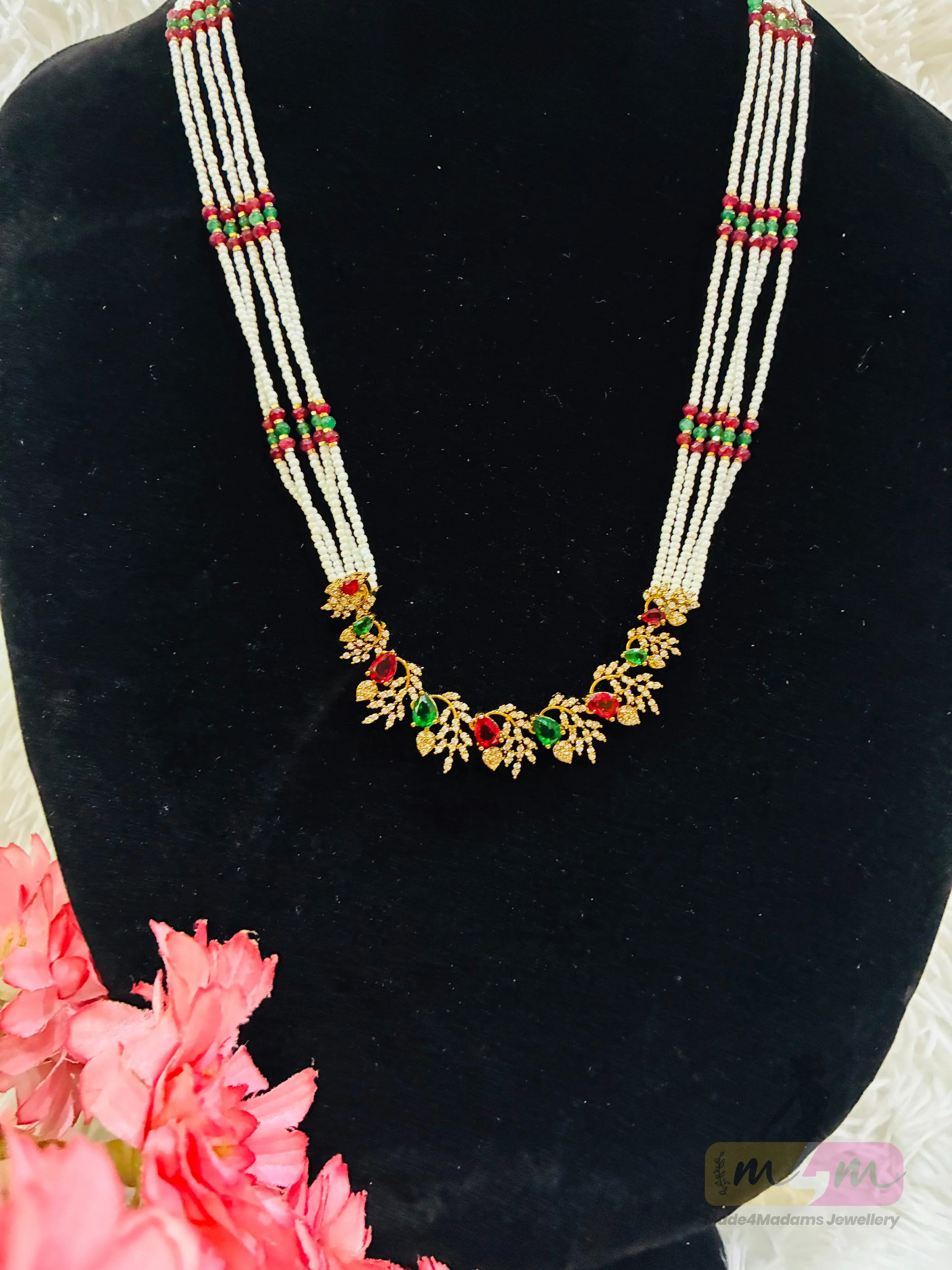 White Pearl Beaded Necklace Set with Red & Green Stone Detailing Made4Madams