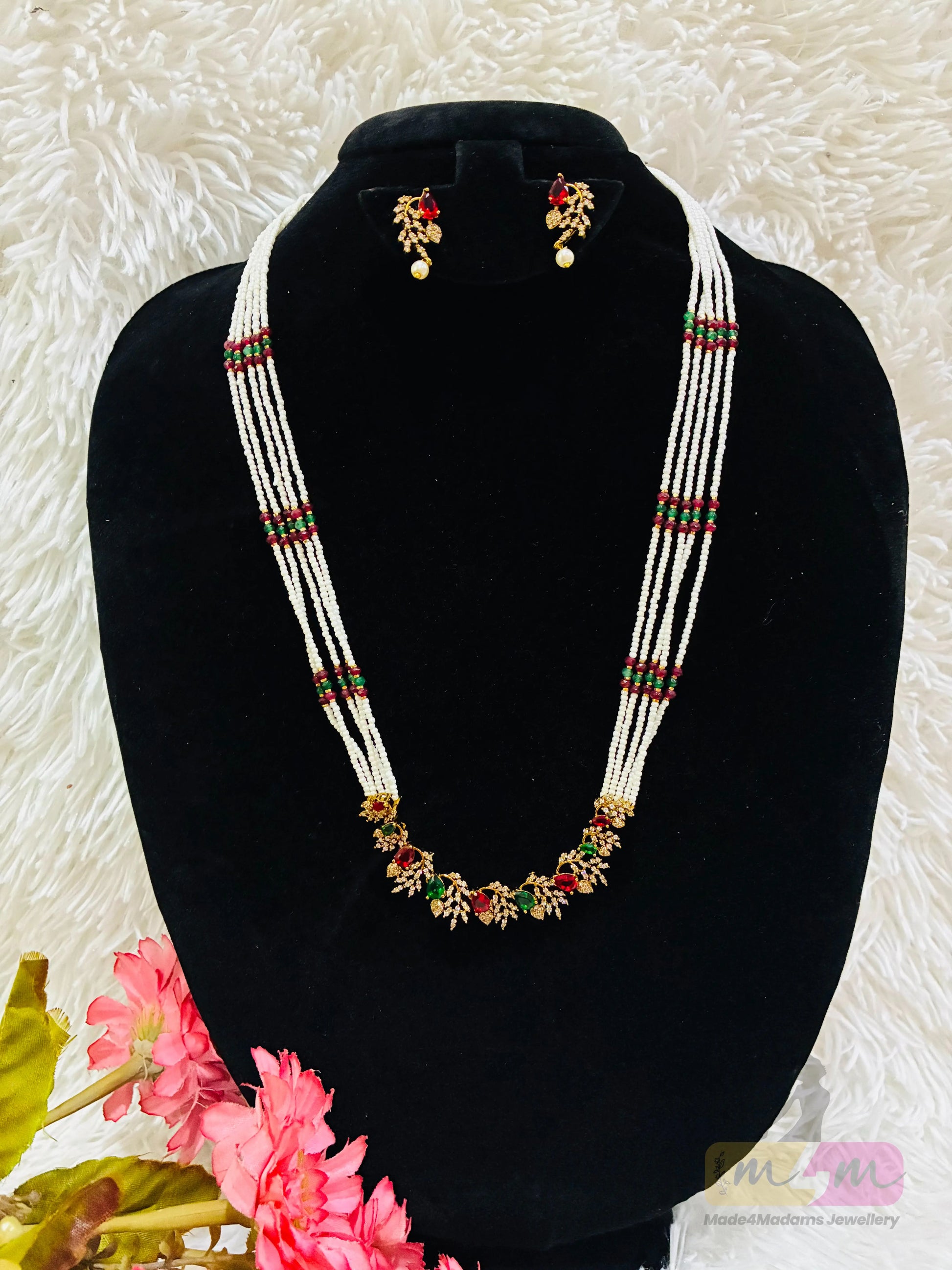 White Pearl Beaded Necklace Set with Red & Green Stone Detailing Made4Madams
