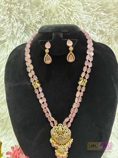 Pink Beaded Necklace Set with Kundan Pendant & Earrings Made4Madams