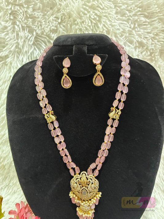 Pink Beaded Necklace Set with Kundan Pendant & Earrings Made4Madams