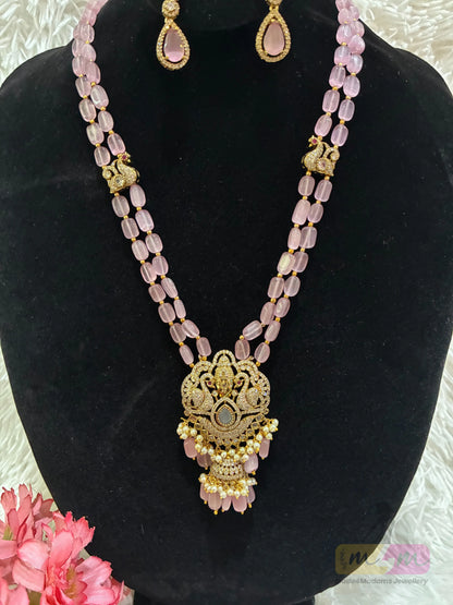 Pink Beaded Necklace Set with Kundan Pendant & Earrings Made4Madams