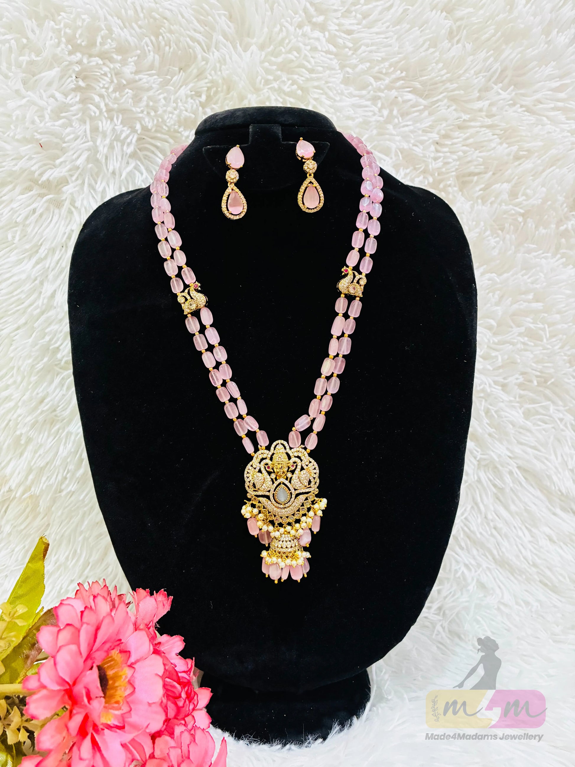 Pink Beaded Necklace Set with Kundan Pendant & Earrings Made4Madams