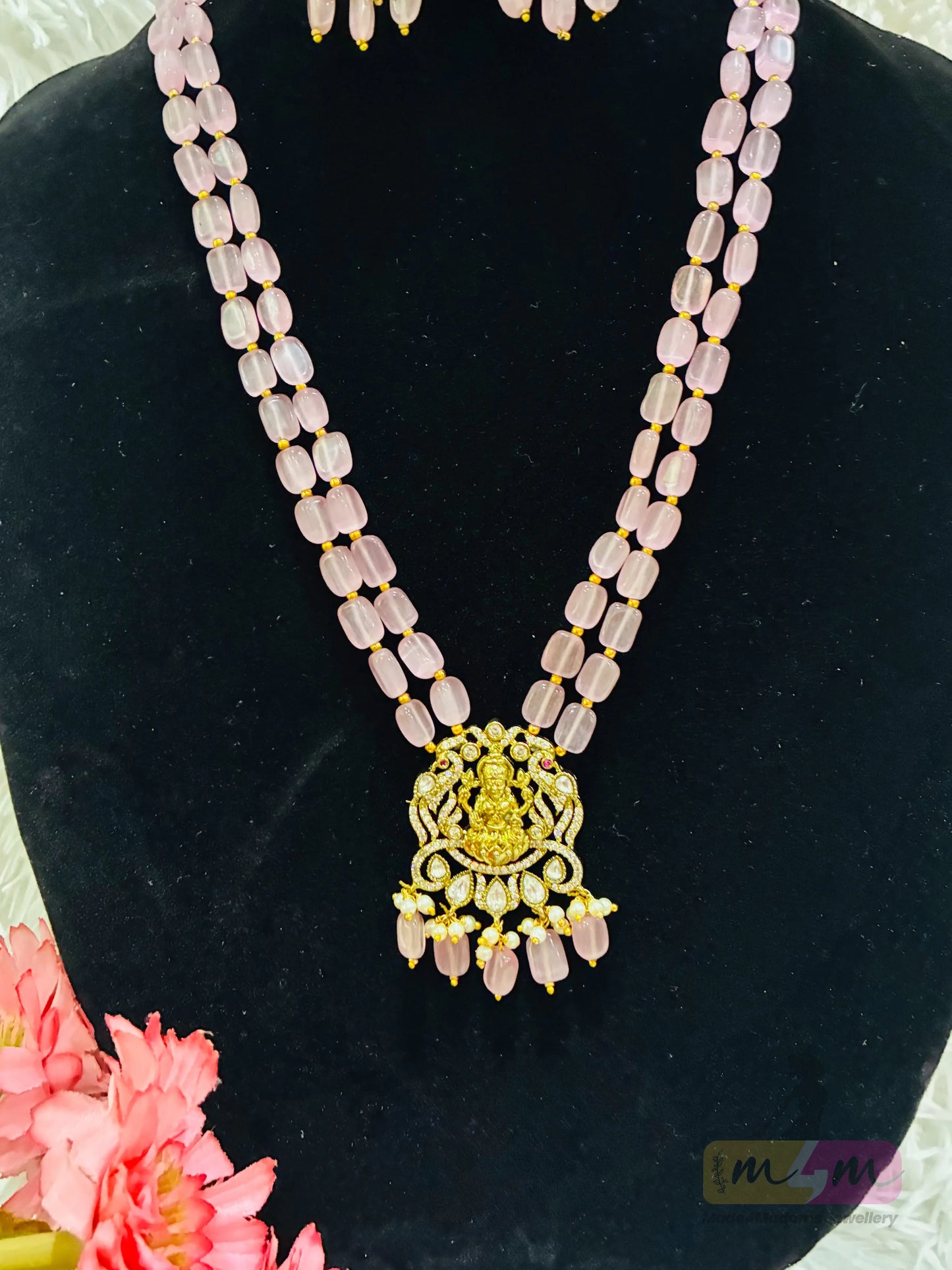 Beaded Temple Necklace Set with Lakshmi Pendant & Earrings Made4Madams