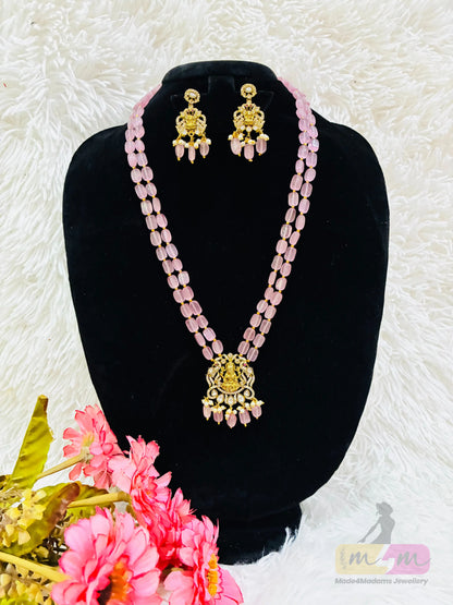 Beaded Temple Necklace Set with Lakshmi Pendant & Earrings Made4Madams