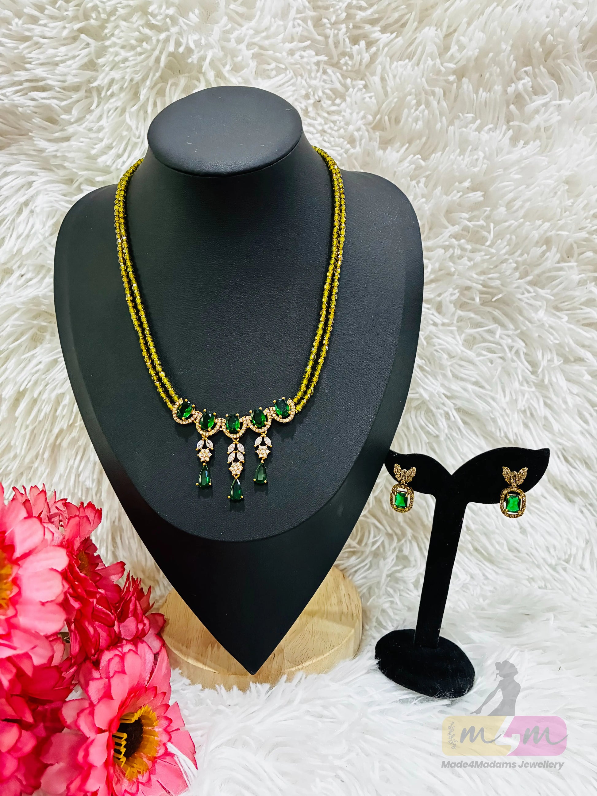 2 layered Beaded Necklace with Crystal Pendant & Stud Earrings Made4Madams