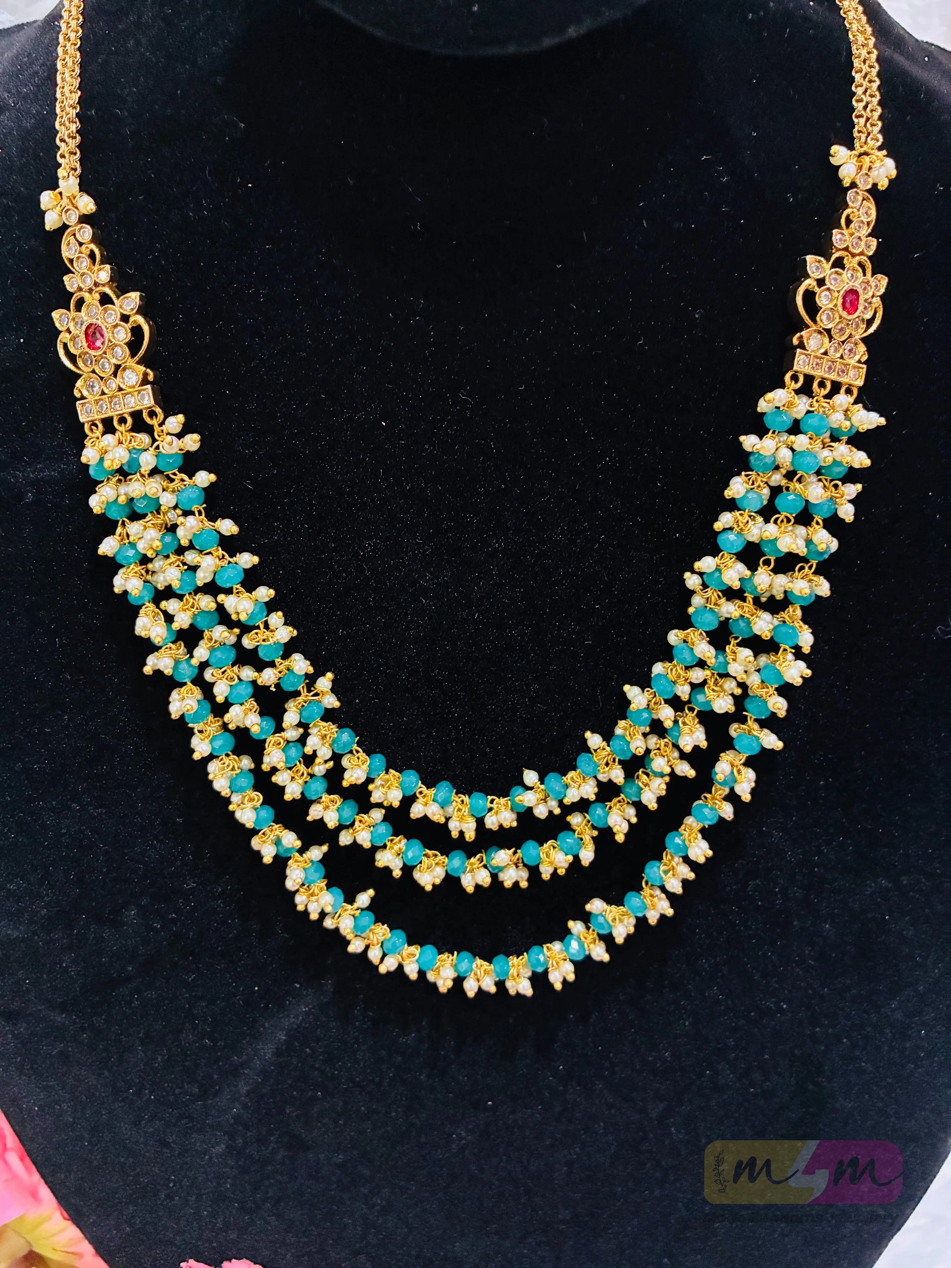 3 Layered Beads Chain Necklace-Micro Gold Plated with Side Pendants Made4Madams