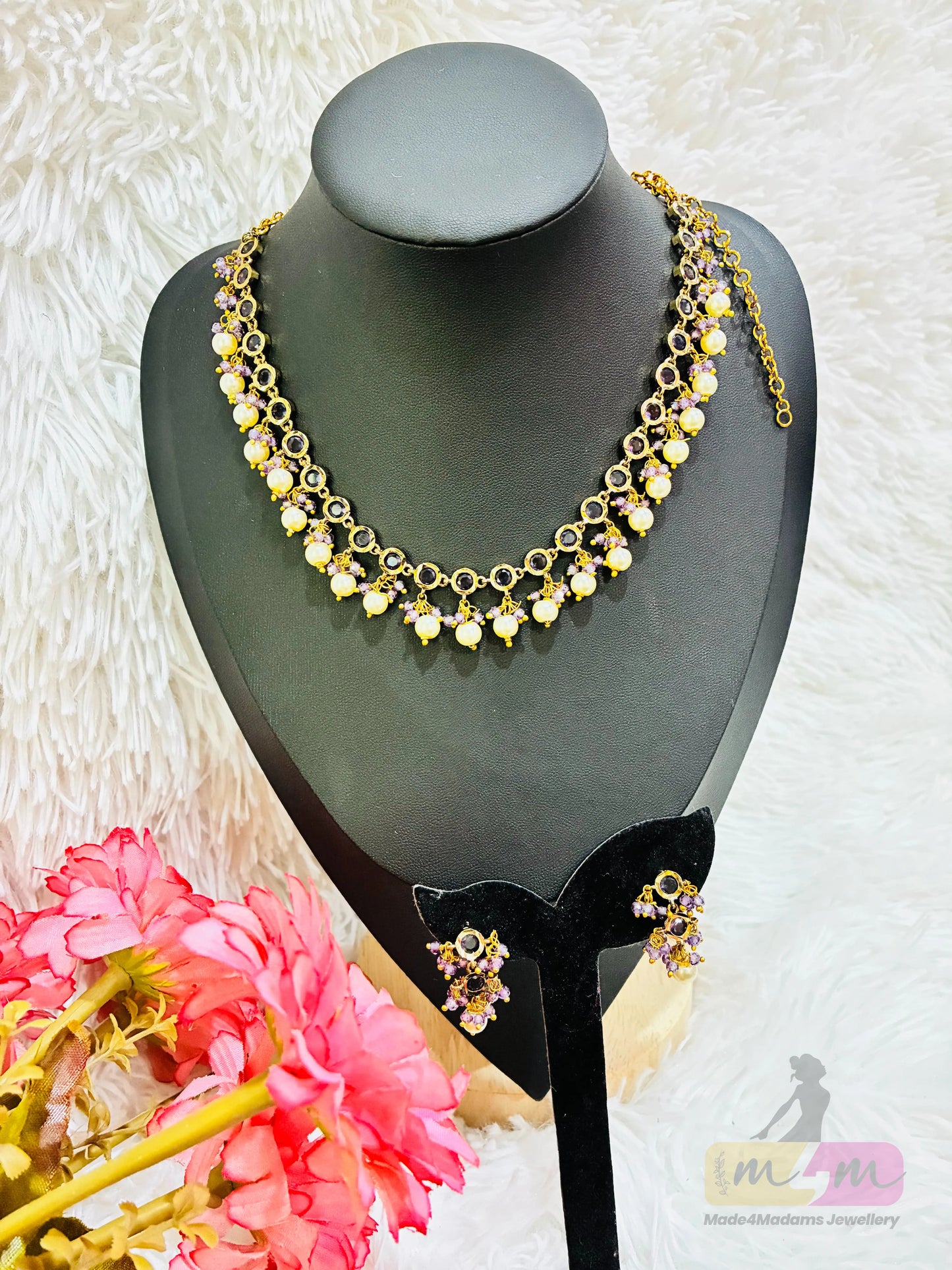 Elegant Simple Stones and Beads Chocker Set with Earrings Made4Madams
