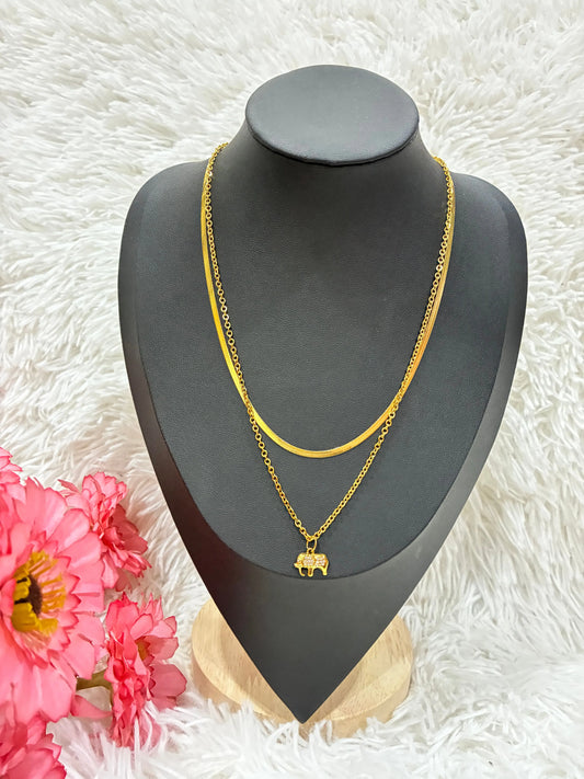 2 Layered 18K Gold Plated Irregular Round Elephant Pendant Necklace Made4Madams