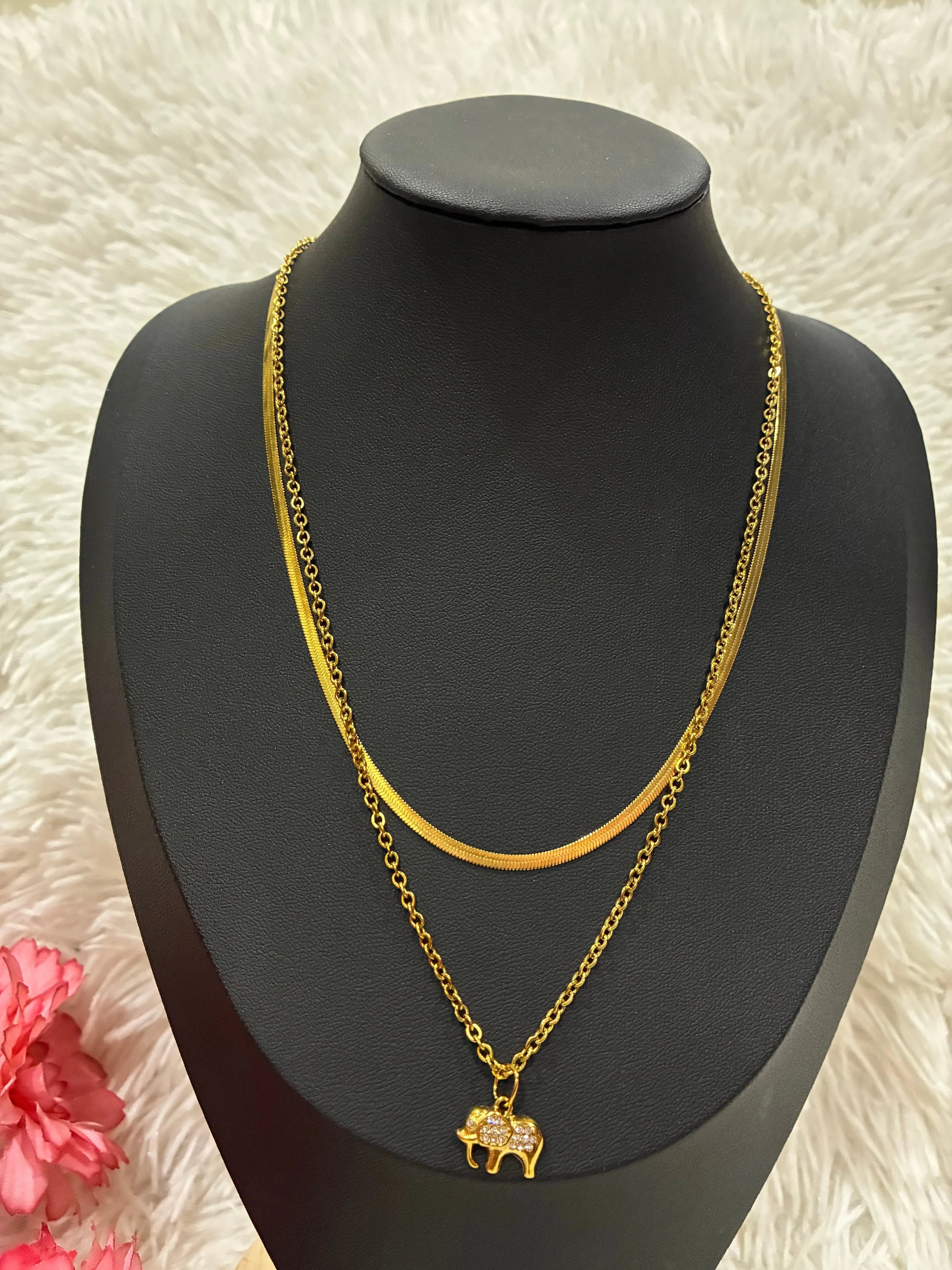 2 Layered 18K Gold Plated Irregular Round Elephant  Pendant Necklace Made4Madams