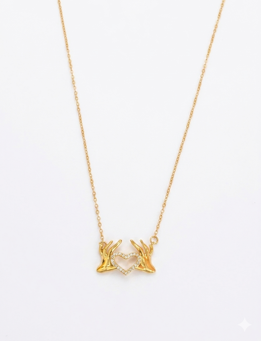 18K Gold Hand Heart Shape Elegant French Style 304 Stainless Steel Pendant Necklace Made4Madams