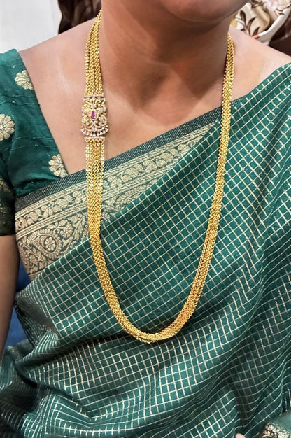 Necklace - 5 Lines Peacock Motif Chandraharam - Pink