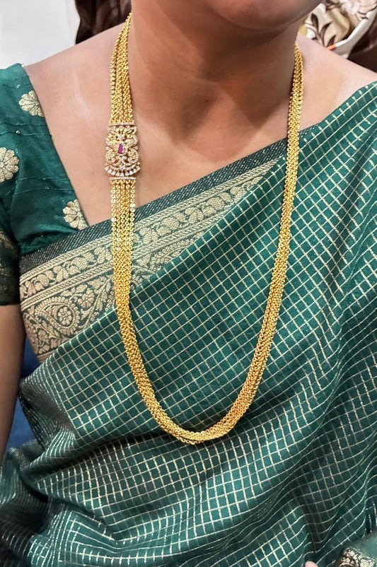 Necklace - 5 Lines Peacock Motif Chandraharam - Pink