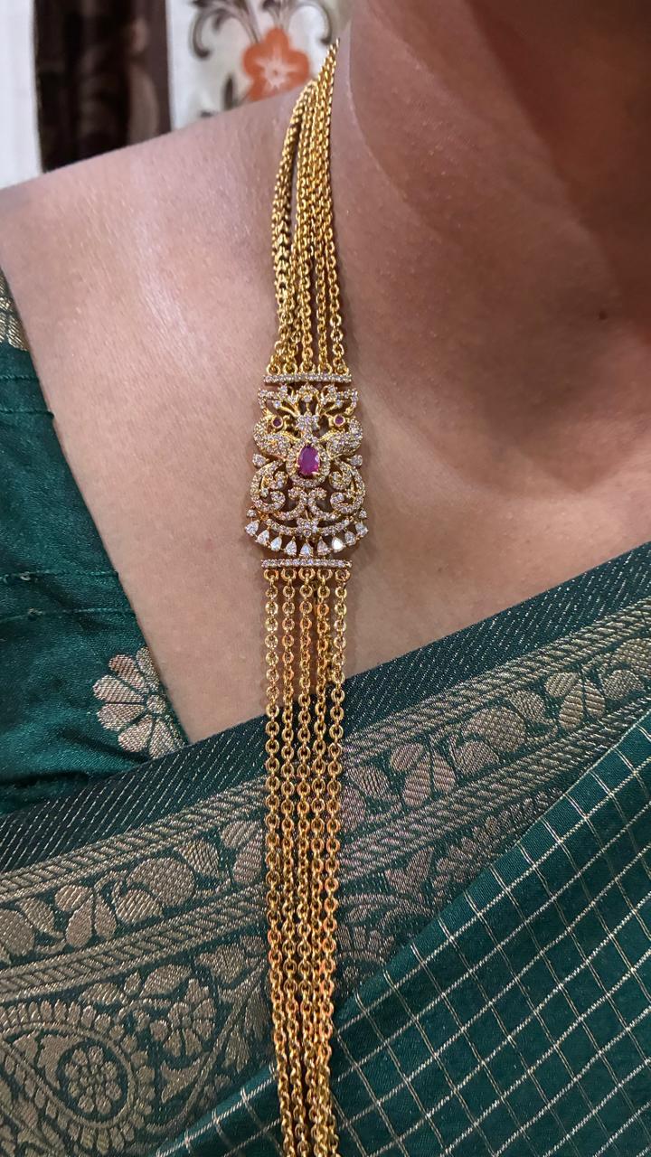 Necklace - 5 Lines Peacock Motif Chandraharam - Pink