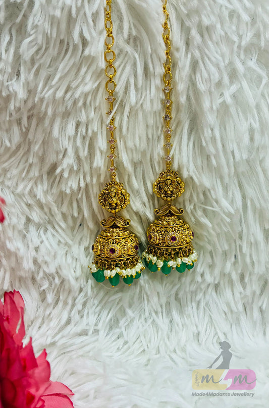 Micro Gold Plated Jhumka with attached matti Stone Chain Made4Madams