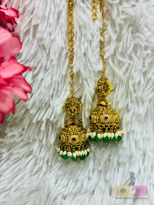 Micro Gold Plated Jhumka with attached matti Stone Chain Made4Madams