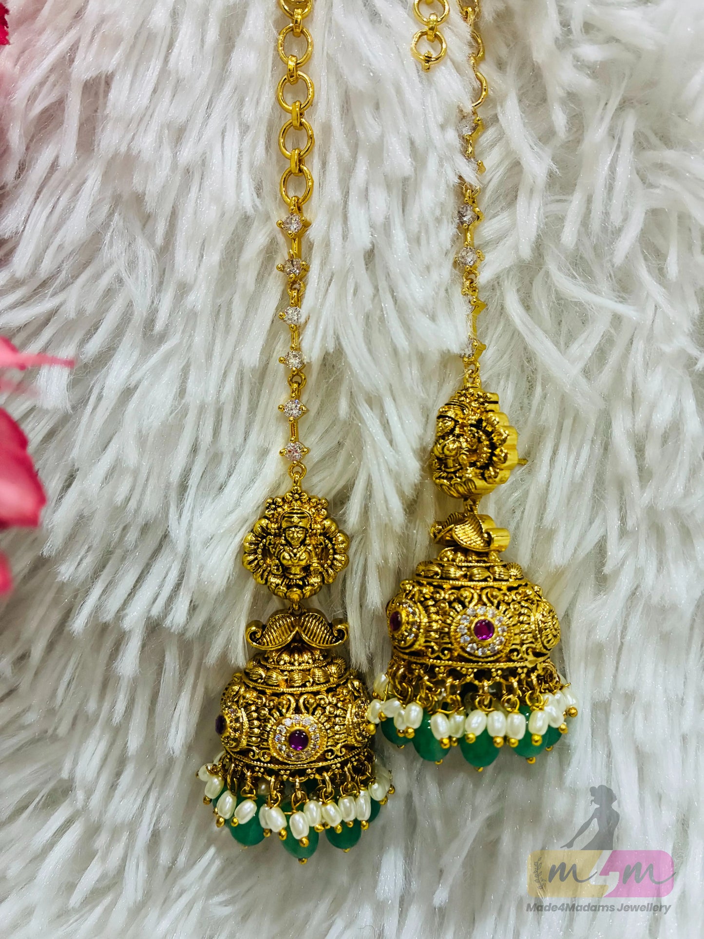 Micro Gold Plated Jhumka with attached matti Stone Chain Made4Madams