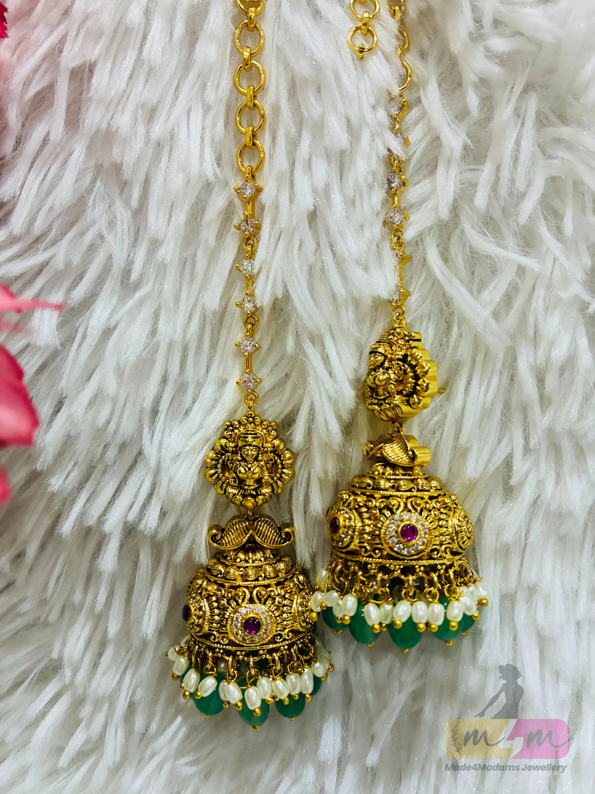 Micro Gold Plated Jhumka with attached matti Stone Chain Made4Madams