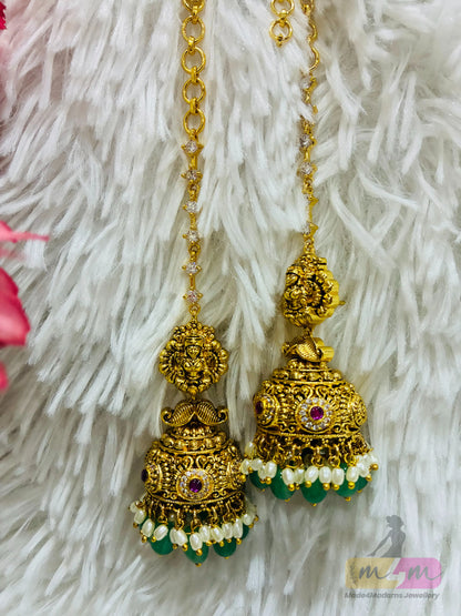 Micro Gold Plated Jhumka with attached matti Stone Chain Made4Madams