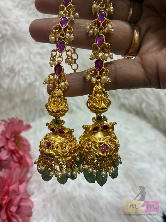 Micro Gold Plated God Motif Jhumka with Attached Jadau Chain Made4Madams