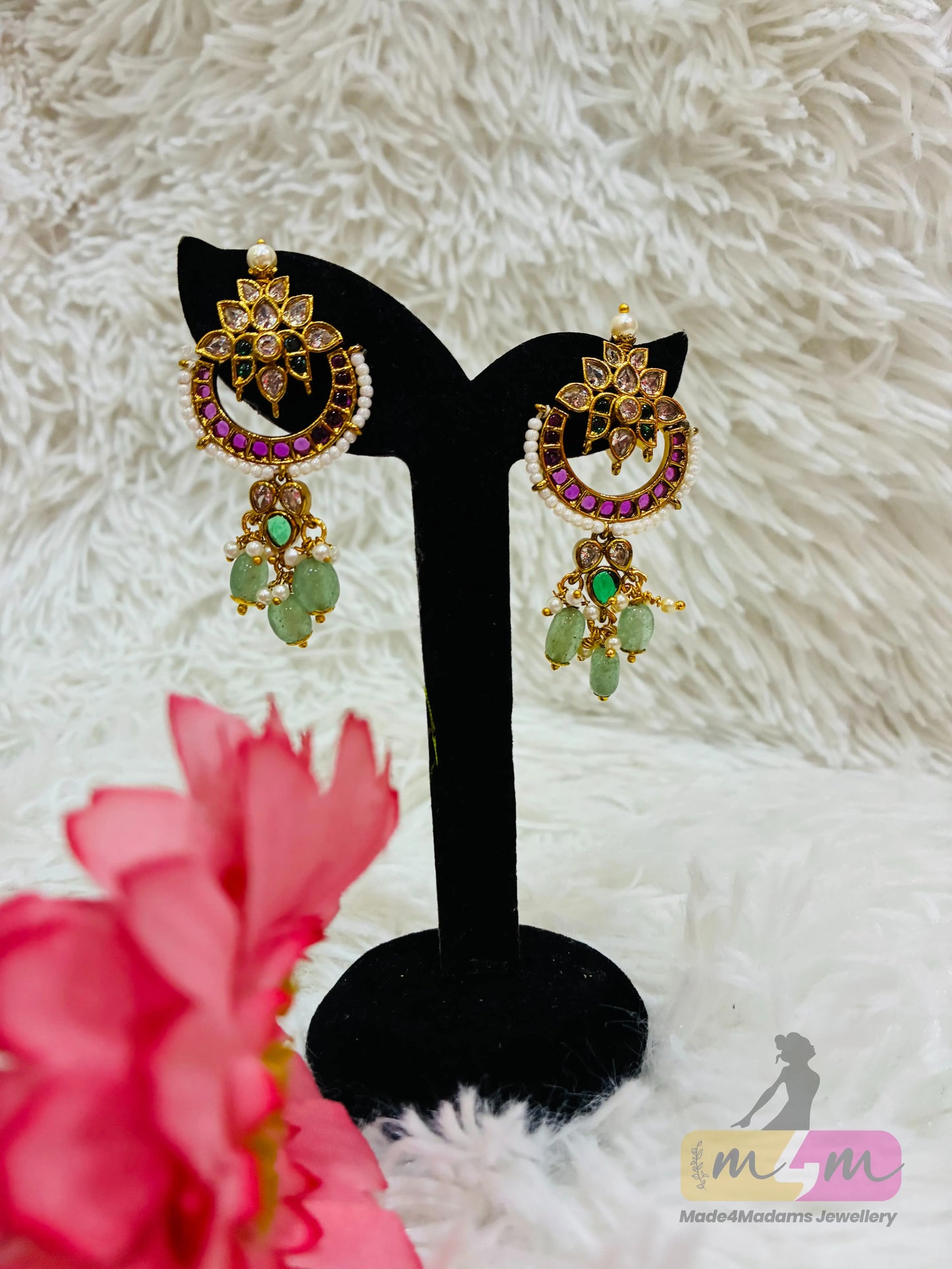 Emerald Ruby Lotus Chandbali Earrings Made4Madams
